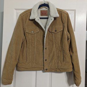 LEVI's WOMENS Sherpa Lined Trucker Corduroy Jacket Coat Cotton Warm Tan XL Snap